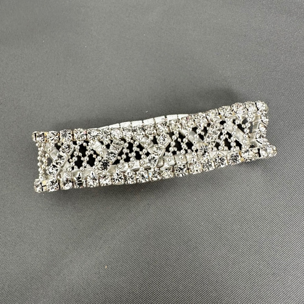 Vintage‎ Silver Tone Clear Rhinestone Wide Geometric Stretch Statement Bracelet